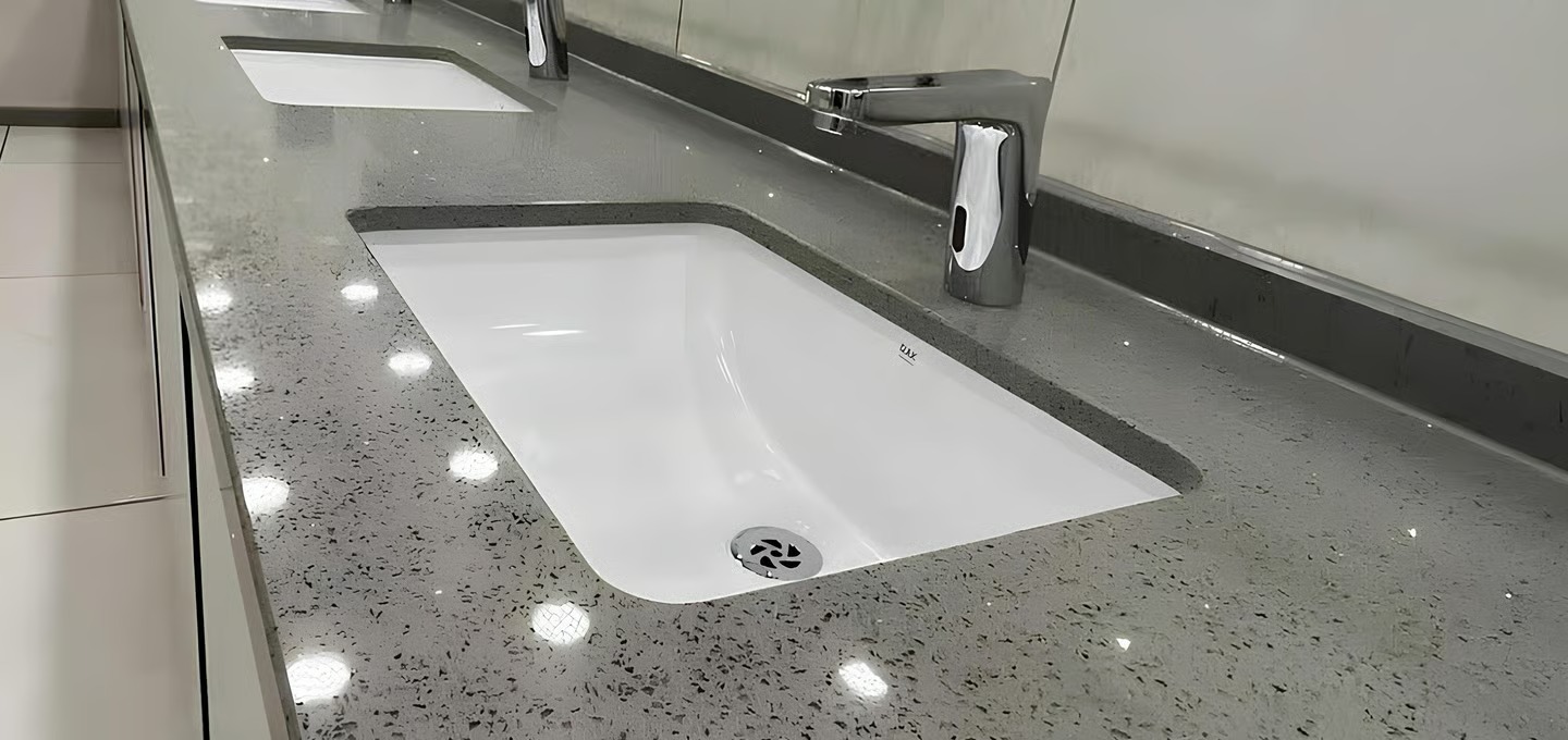 Quartz vanity worktops by RH Stone Surfaces, installed for trade projects in the North East