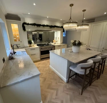 Calacatta quartz island by RH Stone Surfaces