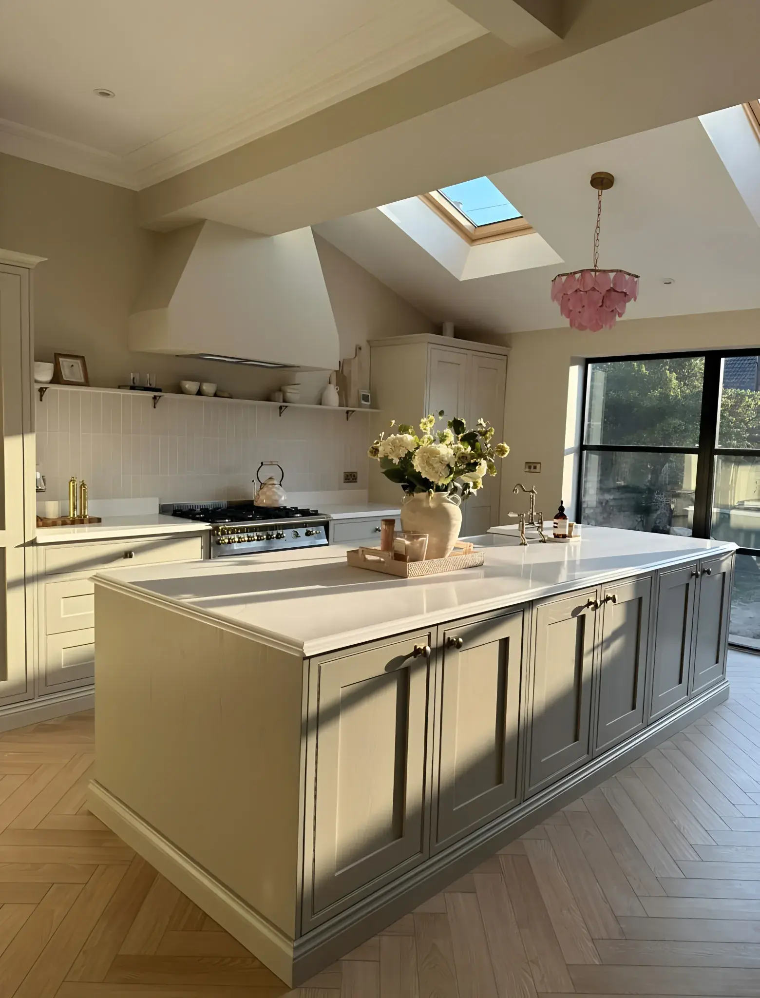 White quartz island with a sink in a light shaker kitchen