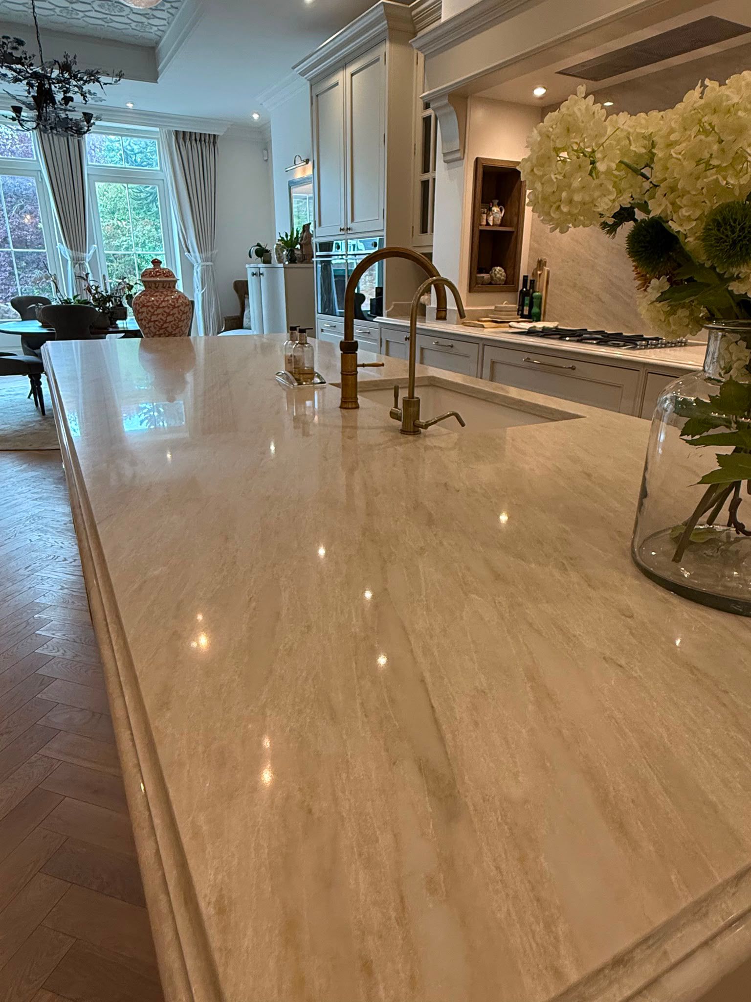 Taj Mahal quartz kitchen island worktop with inset sink in North Shields