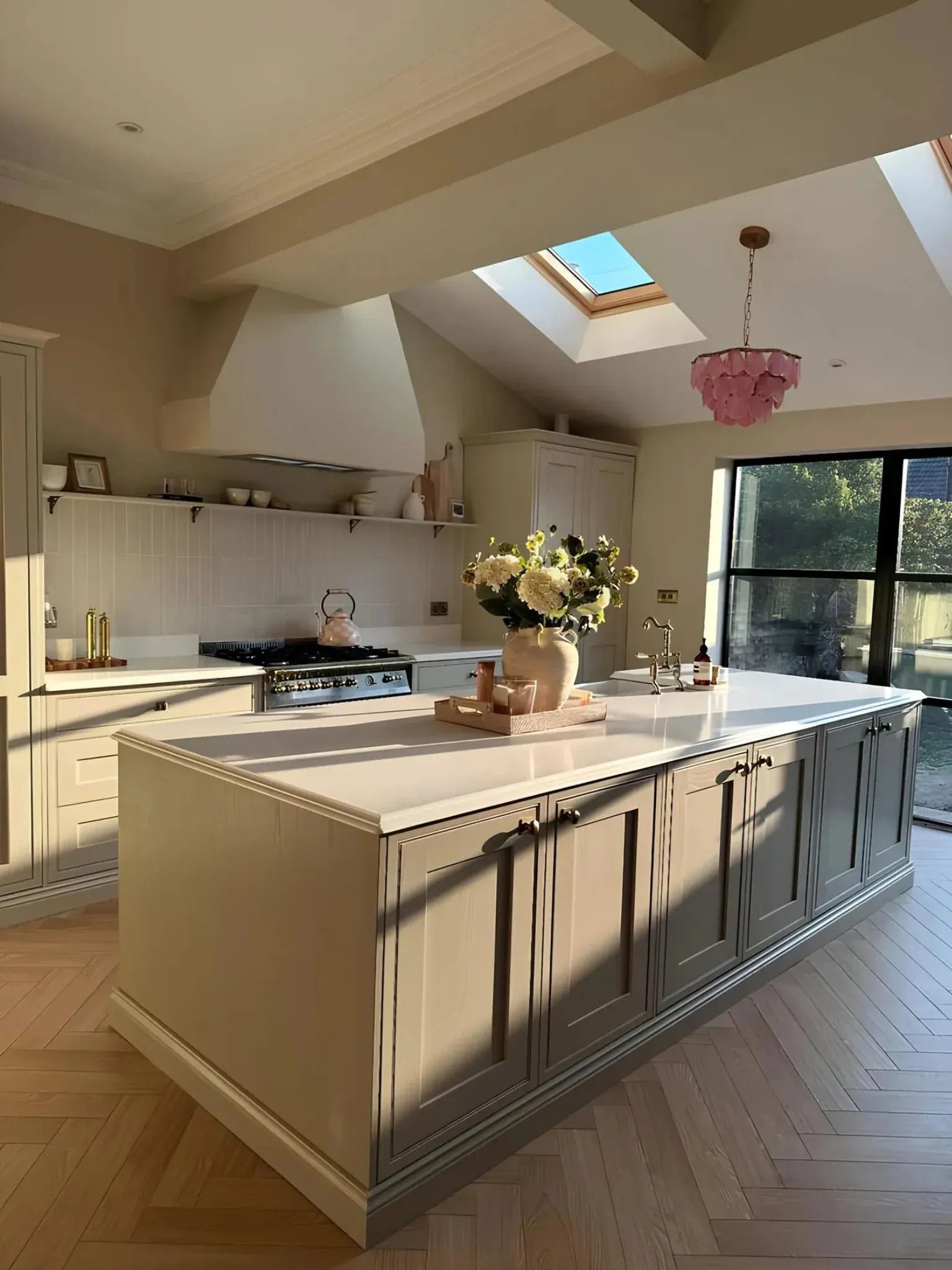 White quartz worktops on a Shaker kitchen island for North Shields by RH Stone Surfaces