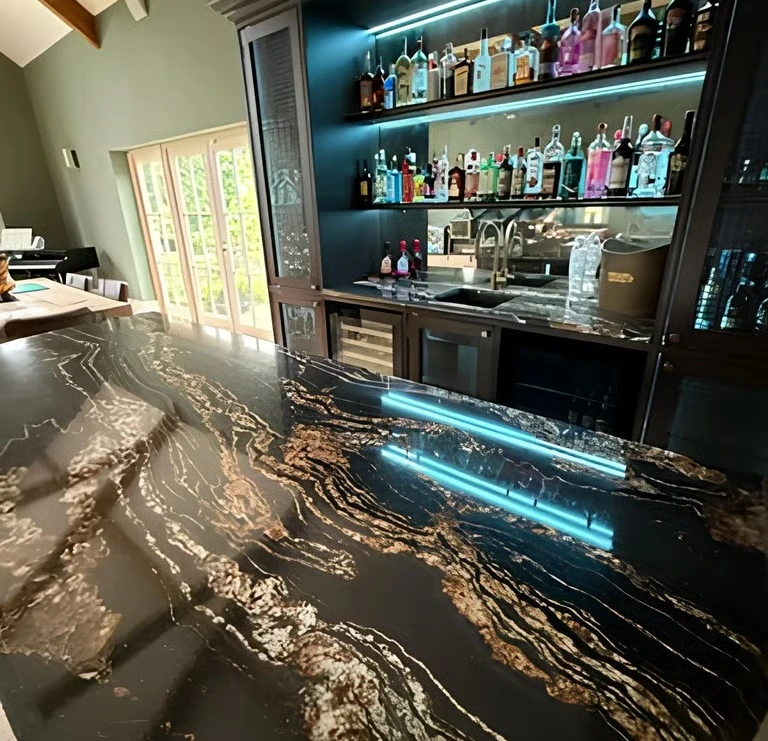 Polished black and gold granite worktop detail in Whitley Bay