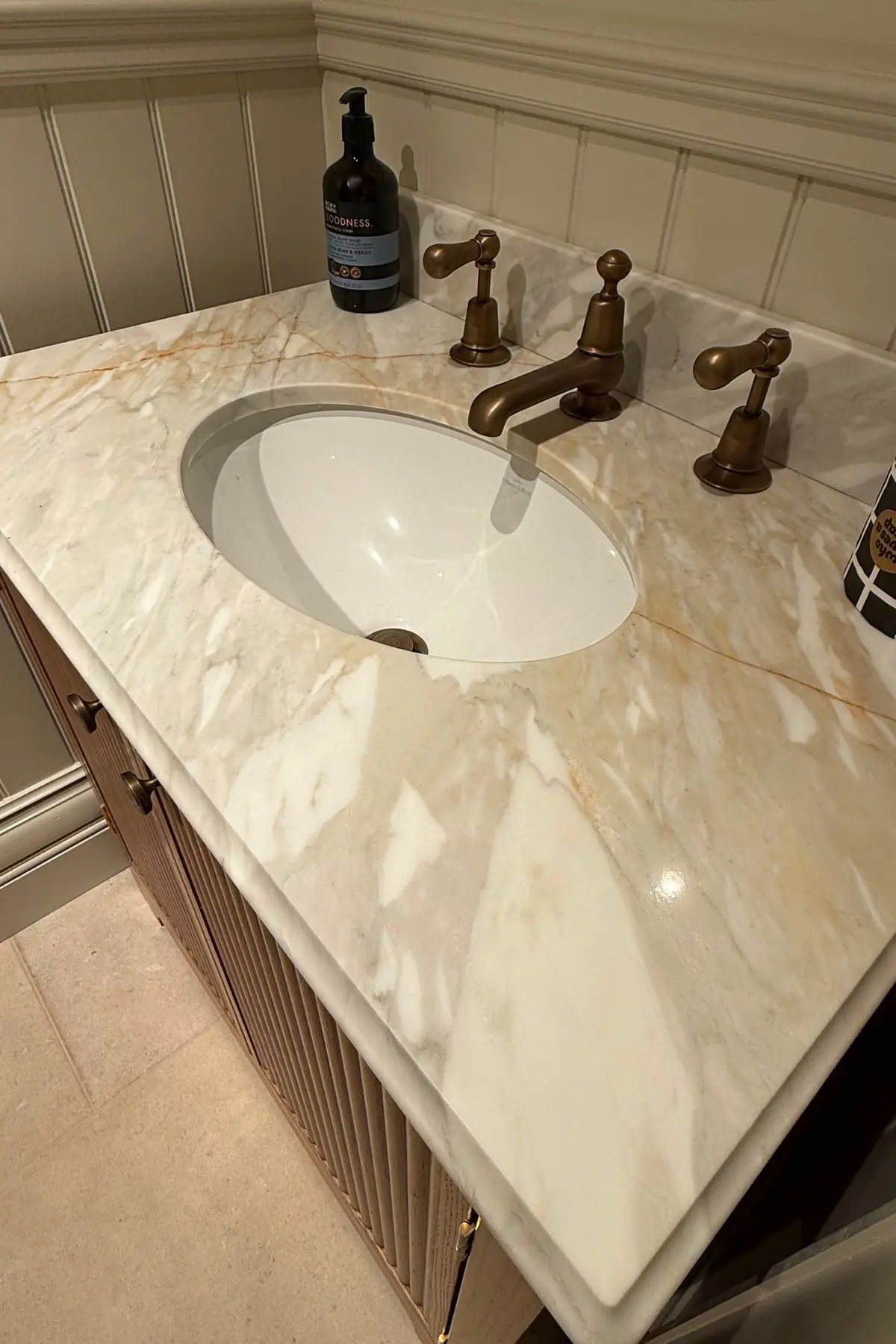 Calacatta Bella marble vanity top with shaped edge and inset basin for South Shields, Harton