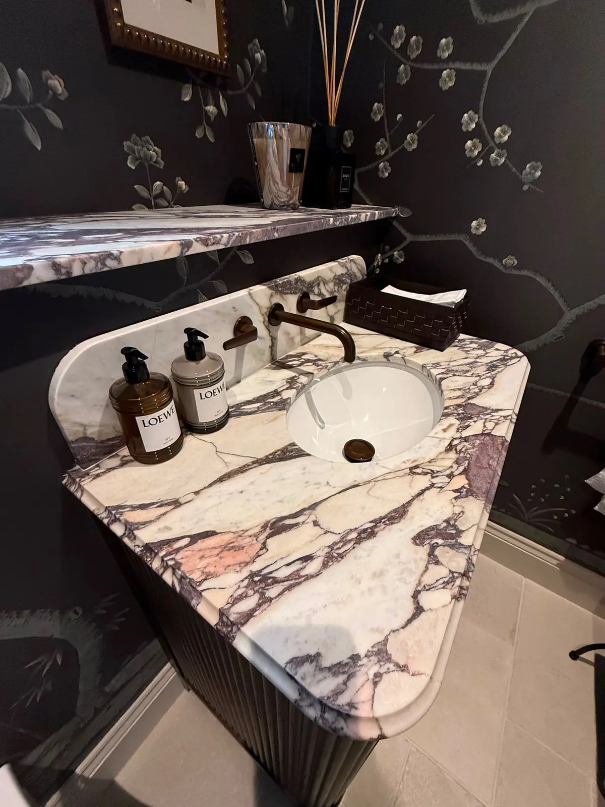 Calacatta Viola marble vanity top with rounded end, splashback and inset basin for South Shields, Horsley Hill
