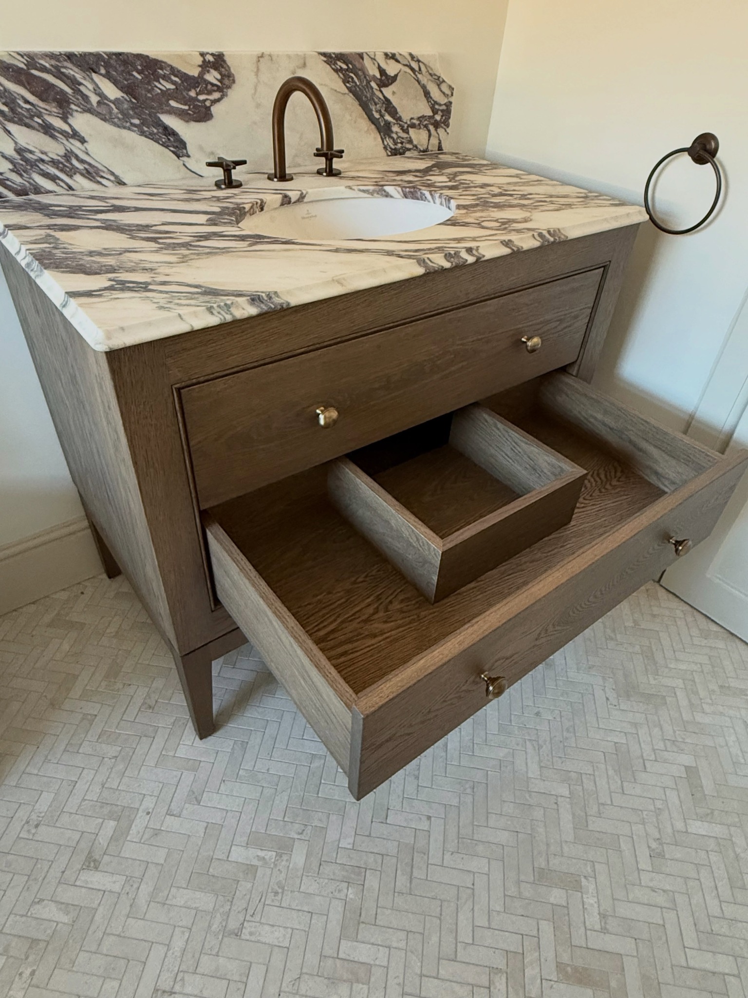 Calacatta Viola marble vanity top and splashback by RH Stone Surfaces
