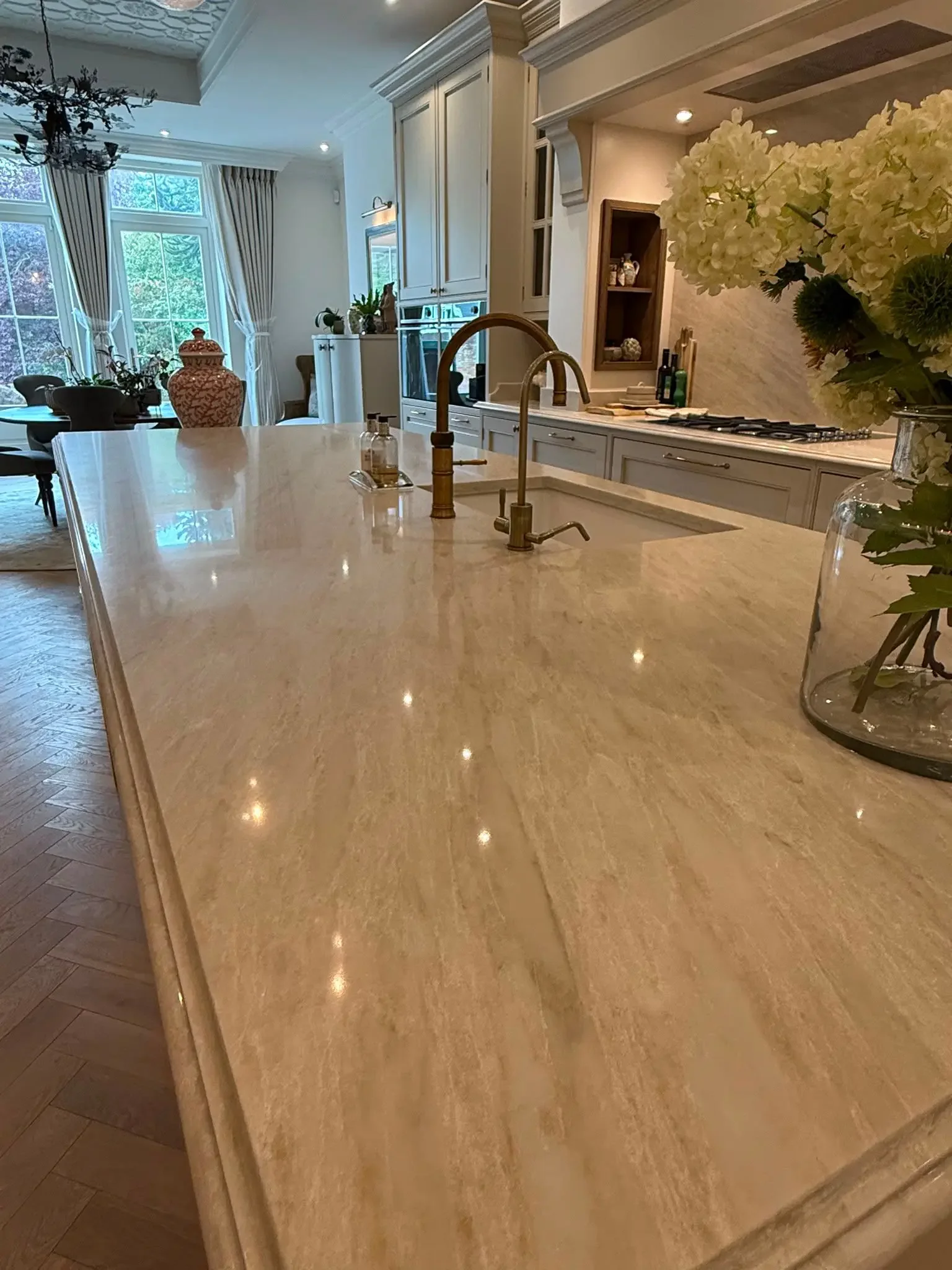 Taj Mahal style quartz kitchen island detail from RH Stone Surfaces