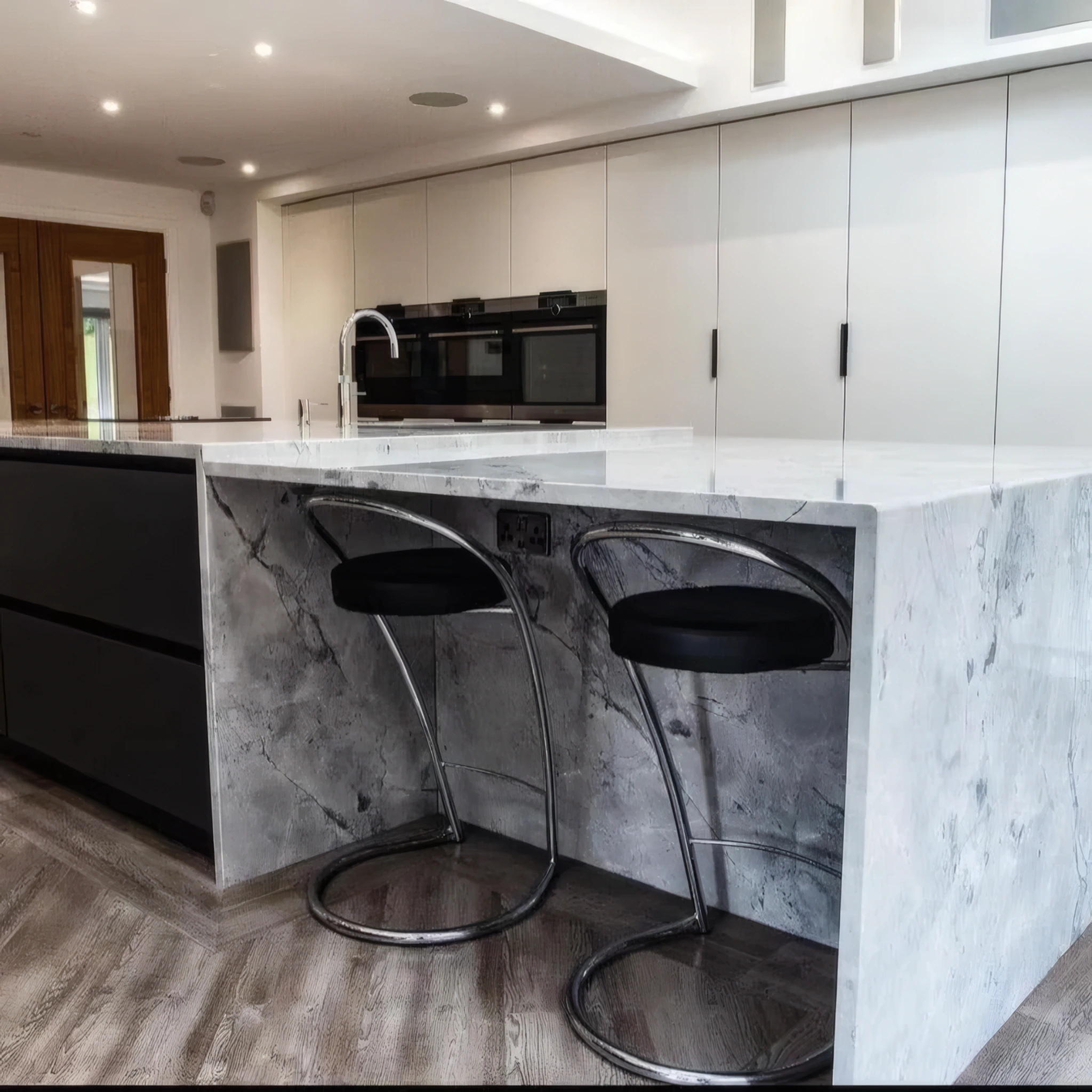 Invisible Grey quartzite waterfall island by RH Stone Surfaces